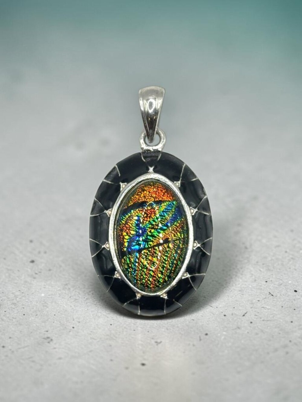 Silver-Tone Black Enamel and Dichroic Glass Pendant